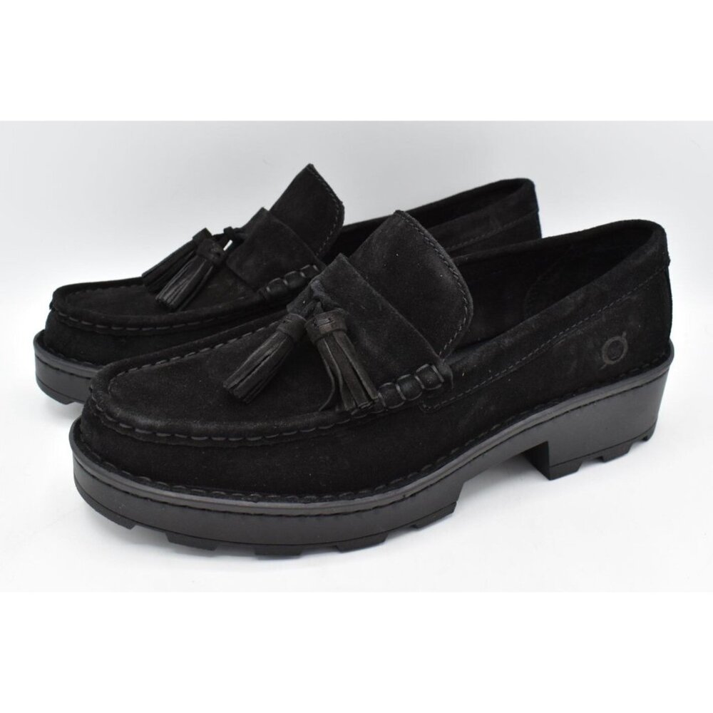 Born Womens Size 7.5 Capri Tassel Black Suede Lugged Loafers Shoes